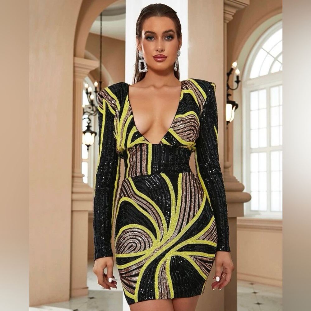plunging neck tied backless sequins bodycon dress